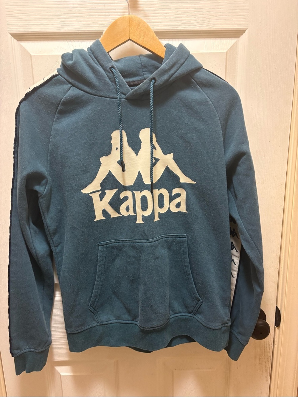 Kappa Logo Tape Pullover Hoodie Teal Blue Small Fleece Graphic Streetwear Mens